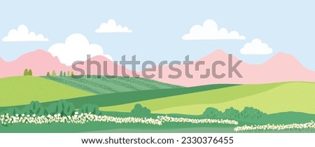 Spring nature and country landscape background. Seasonal illustration vector of trees, flowers, mountain, cloud, sky, grass, field, park. Design for banner, poster, wallpaper, decoration, card. Royalty-Free Stock Photo #2330376455