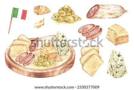 Wine cutting on a round wooden board. Watercolor illustration. National Italian snacks blue cheese, salami, parmesan, olives and cheddar cheese set. Hand drawn clip art Isolated on a white background