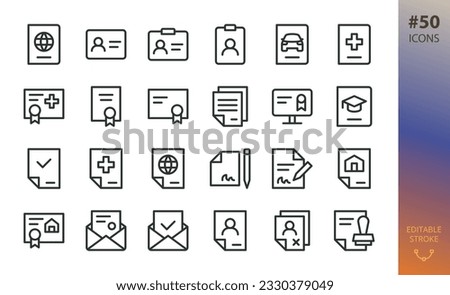 Legal documents icons set. Set of passport, id card, badge pass, driving license, medical certificate, diploma, international document, signature, signed contract, official letter, blacklist icon Royalty-Free Stock Photo #2330379049