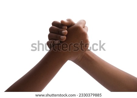two hands arm wrestling, isolated white background