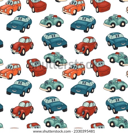 Retro car seamless pattern. Cartoon Transportation Background for Kids.  Seamless Pattern with doodle Toy Cars and Traffic signs.