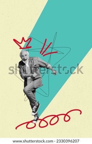 Creative retro 3d magazine collage image of carefree senior guy dancing king isolated colorful background
