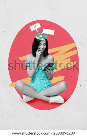 Template graphics collage image of tricky thoughtful lady getting instagram twitter facebook likes isolated red grey color background