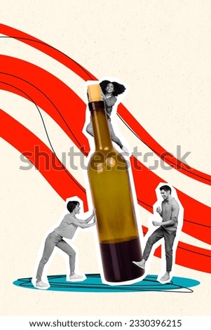 Exclusive magazine picture sketch collage image of funny buddies company open big huge bottle isolated creative background