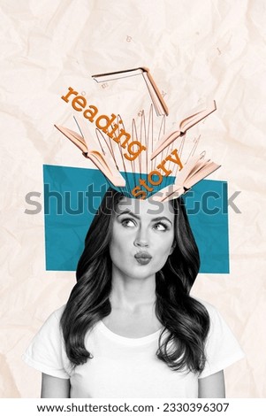 Creative trend collage of beautiful attractive female curious wondered head full books thoughtful reading story bizarre unusual fantasy