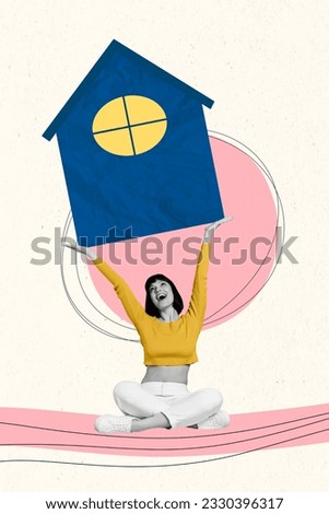 Vertical collage picture of cheerful black white colors girl arms hold painted house building isolated on creative white background
