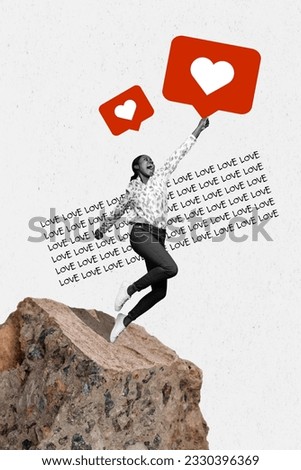 Collage sketch image of excited carefree lady catching love feedback card isolated white color background