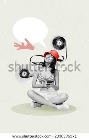 Poster artwork collage painted magazine of cheerful girl use phone listen playlist sound vintage record imagine look empty space textbox