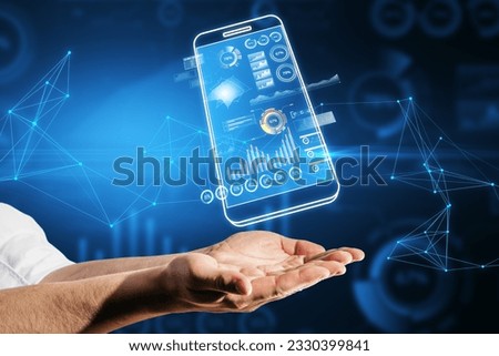 Close up of male hands holding digital blue smartphone with business chart on dark polygonal background. Analytics, financial report and money concept