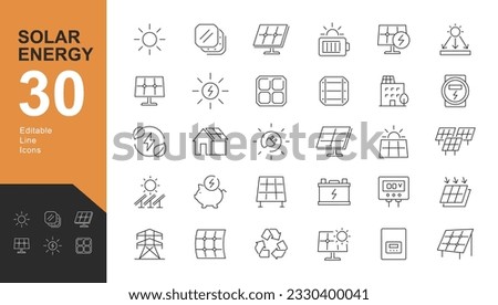 Solar Energy Line Editable Icons set. Vector illustration in modern thin outline style of sun power photovoltaic (PV) home system and renewable electric energy technology signs: house, cell, battery. Royalty-Free Stock Photo #2330400041