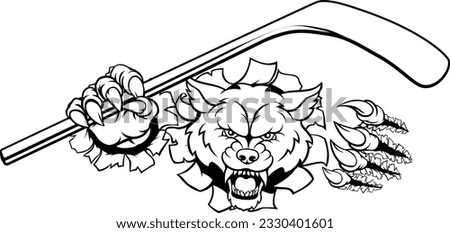 A wolf ice hockey player animal sports mascot holding a hockey stick