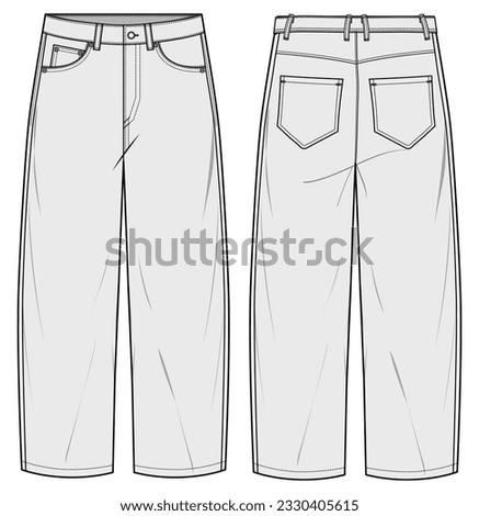 Boyfriend Jeans, Mom-fit Jeans, Low Rise Cropped Denim Front and Back View. Fashion Flat Sketch Vector Illustration, CAD, Technical Drawing, Flat Drawing, Template, Mockup. Royalty-Free Stock Photo #2330405615