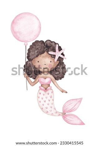 Watercolor illustration. Hand painted. Isolated on white. Cute mermaid for Baby Shower, Birthday party. Cute girls design