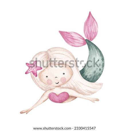 Watercolor illustration. Hand painted. Isolated on white. Cute mermaid for Baby Shower, Birthday party. Cute girls design