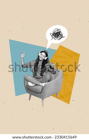 Vertical creative composite photo collage of satisfied girl sit on armchair listen playlist in headphones isolated drawing background