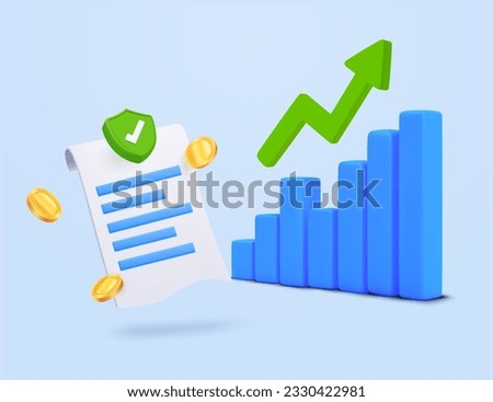 3d receipt or bill, shield, check mark, coins, growing bar, column chart, line chart, arrow, isolated on background. Concept for target sale, revenue, profit, increase, report. 3d vector illustration