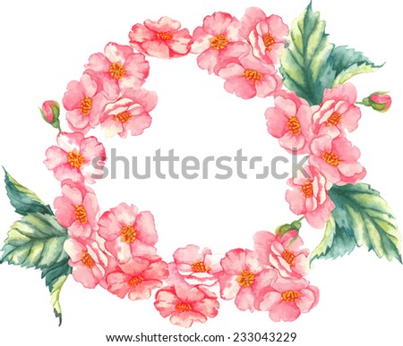 Watercolor wreath with pink brier flowers and leaves on the white background