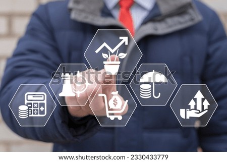 Businessman working on virtual touch screen of future presses icon: pot with grow of growing graph. Concept of investment finance. Investments and profit.