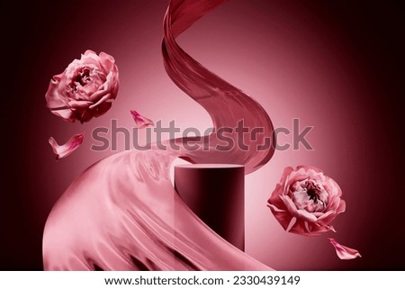 
Pink product podium placement on solid background with flowers falling and silk fabric flow. Luxury premium beauty, fashion, cosmetic and spa gift stand presentation. Valentine day present showcase.