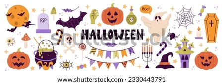 Halloween set of elements, ghost, pumpkin and bat. Vector is cute illustration in hand drawn style Royalty-Free Stock Photo #2330443791