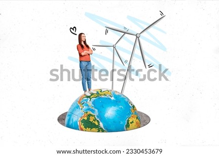 Collage picture illustration metaphor of cute lady watching propellers wind farm european green energy earth isolated on white background