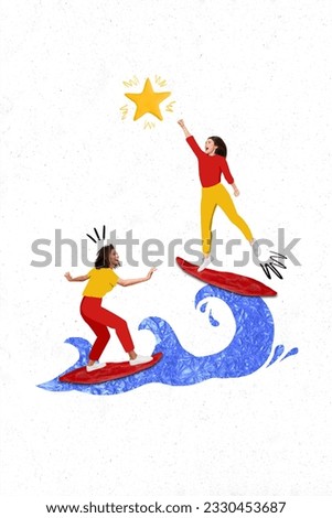 Template vertical picture collage of young careless business partners girls reach waves surfers catch star isolated on white background Royalty-Free Stock Photo #2330453687