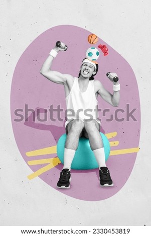 Collage picture of young sportsman athlete bodybuilder muscles gym dumbbells football soccer hobby isolated on pink color background