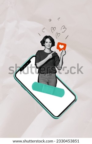 Vertical image picture sketch collage futuristic hologram of happy girl on display showing red heart customer feedback