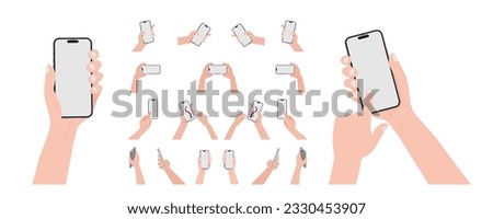 A hand is holding a smartphone both horizontally and vertically, with a blank screen displayed. The smart phone phone is being operated using a finger to touch the blank white screen display, Vector.