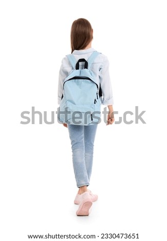 Little girl with schoolbag on white background, back view Royalty-Free Stock Photo #2330473651