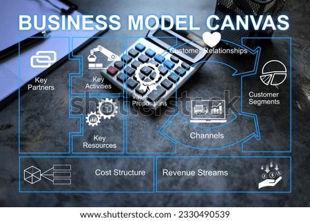 Business model canvas on table and work desktop background. Startup business plan concept.