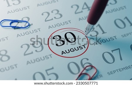 August 30th Calendar date. close up a red circle is drawn on August 30th to remember important events Royalty-Free Stock Photo #2330507771