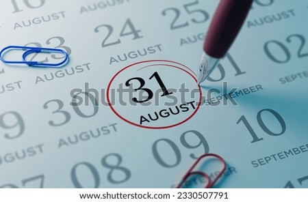 August 31st Calendar date. close up a red circle is drawn on August 31st to remember important events Royalty-Free Stock Photo #2330507791
