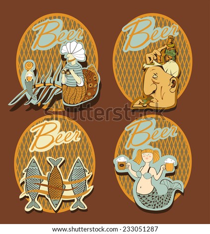Set of beer labels design. Set contains images of  mermaid with beer mugs, fish,man with beer bottle, sailor with binoculars, mermaid with beer mug, seashell and text.
