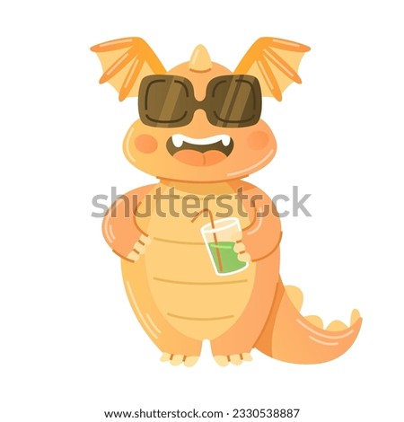 Cheerful dragon in sunglasses and with a cocktail in his hands on a white background.