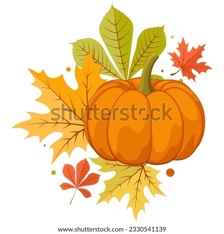 Hand drawn autumn clip art. Pumpkin and colorful leaves.