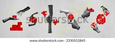 Contemporary art collage. Human hands with different icons symbolizing working aspects, growing career and professional skills. Concept of business, office, career, creativity, growth, ad