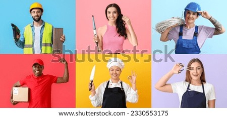 Collection of people of different professions on color background