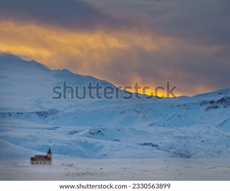 Church and pond; red sands;  and graveyard at, Budir; Church and beach; Church and cloud; Church on Snaefells peninsula; at Vik with lupins; at Reynir; South Iceland; Catherdral and houses by early mo Royalty-Free Stock Photo #2330563899