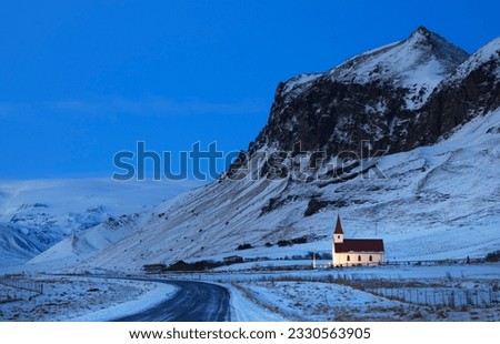 Church and pond; red sands;  and graveyard at, Budir; Church and beach; Church and cloud; Church on Snaefells peninsula; at Vik with lupins; at Reynir; South Iceland; Catherdral and houses by early mo Royalty-Free Stock Photo #2330563905