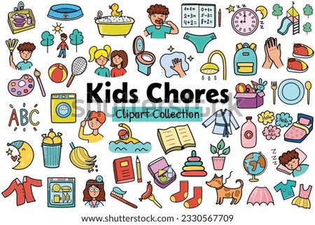 Kids chores clipart collection. Daily routine icons set. Tasks stickers for creating reward chart. Vector illustration