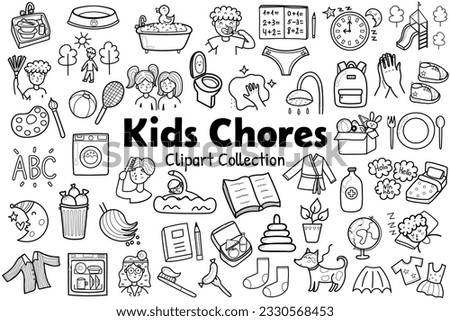 Kids chores clipart collection in outline. Black and white daily routine icons set. Tasks stickers for creating reward chart. Vector illustration Royalty-Free Stock Photo #2330568453