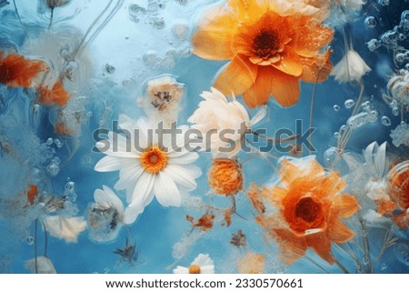 Field flowers in ice. Wild flowers in frozen water. Floral background. Botanical wallpaper. Natural decoration with field flowers in ice. Blossom composition