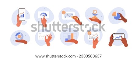 Hand gestures illustration set. Collections of characters hands pointing at finance report with charts and graphs. Financial statements data analysis concept. Vector illustration
