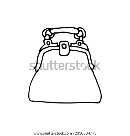 Women's bag with a metal fastener. Vintage model. Handbag. Doodle. Drawn by hand. Vector illustration. Outline.