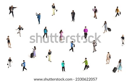 Different people, men and women doing diversity of tasks, working, travelling, walking. Conceptual collage. Isometric view. Concept of business, education, lifestyle and communication Royalty-Free Stock Photo #2330622057