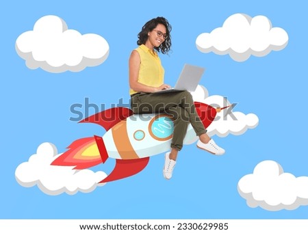 Way to success. Happy young woman with laptop sitting on rocket rushing through sky. Illustration of spaceship and clouds