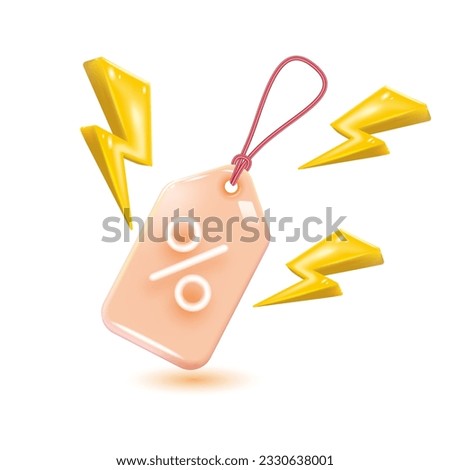 3D tag for sales and shopping online, discount coupon of cash. Flash lightning on time alert notice special offer promotion. 3d price tags icon vector render illustration