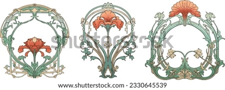 Selection of three art nouveau style floral design elements, décor, iris and orchids