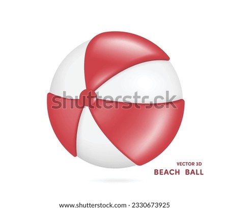 Beach ball or volleyball with red and white stripes in cartoon style, minimal style, vector 3d isolated on white background for travel summer advertising design, vector illustration